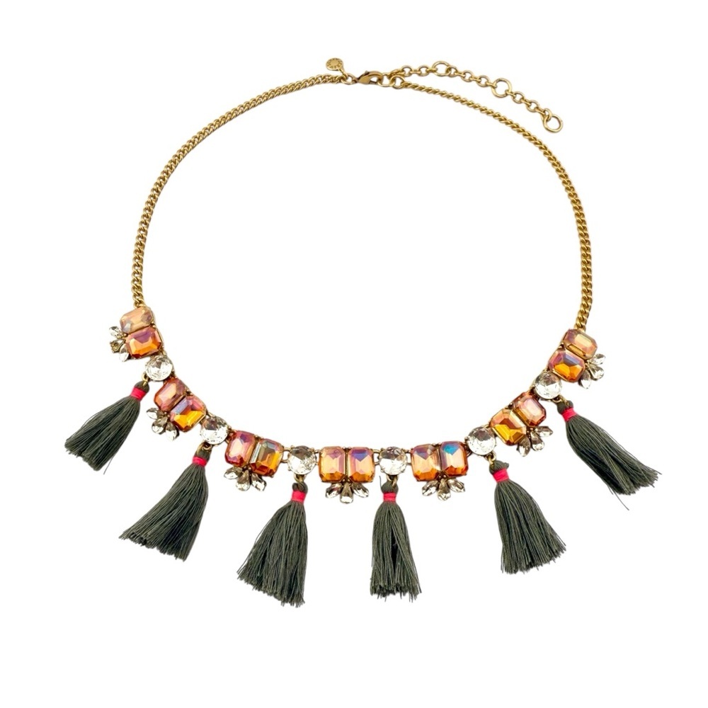 J. Crew Gold Necklace with Peach Rhinestones and Gray Tassels